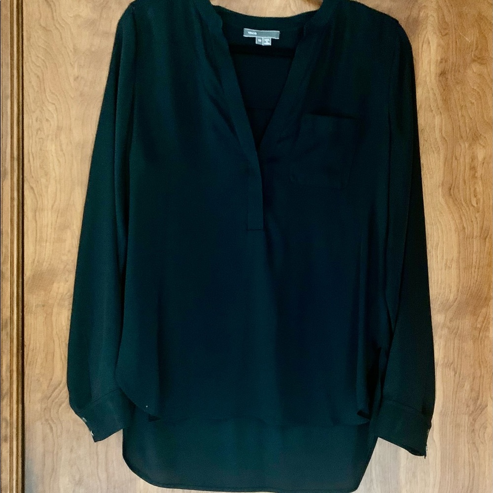 NWOT VINCE Split Neck Black Silk Hi Lo Blouse w/ Pocket